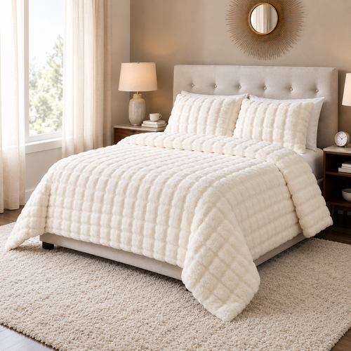 Al Abyad Livia ivory plush textured cotton coverlet