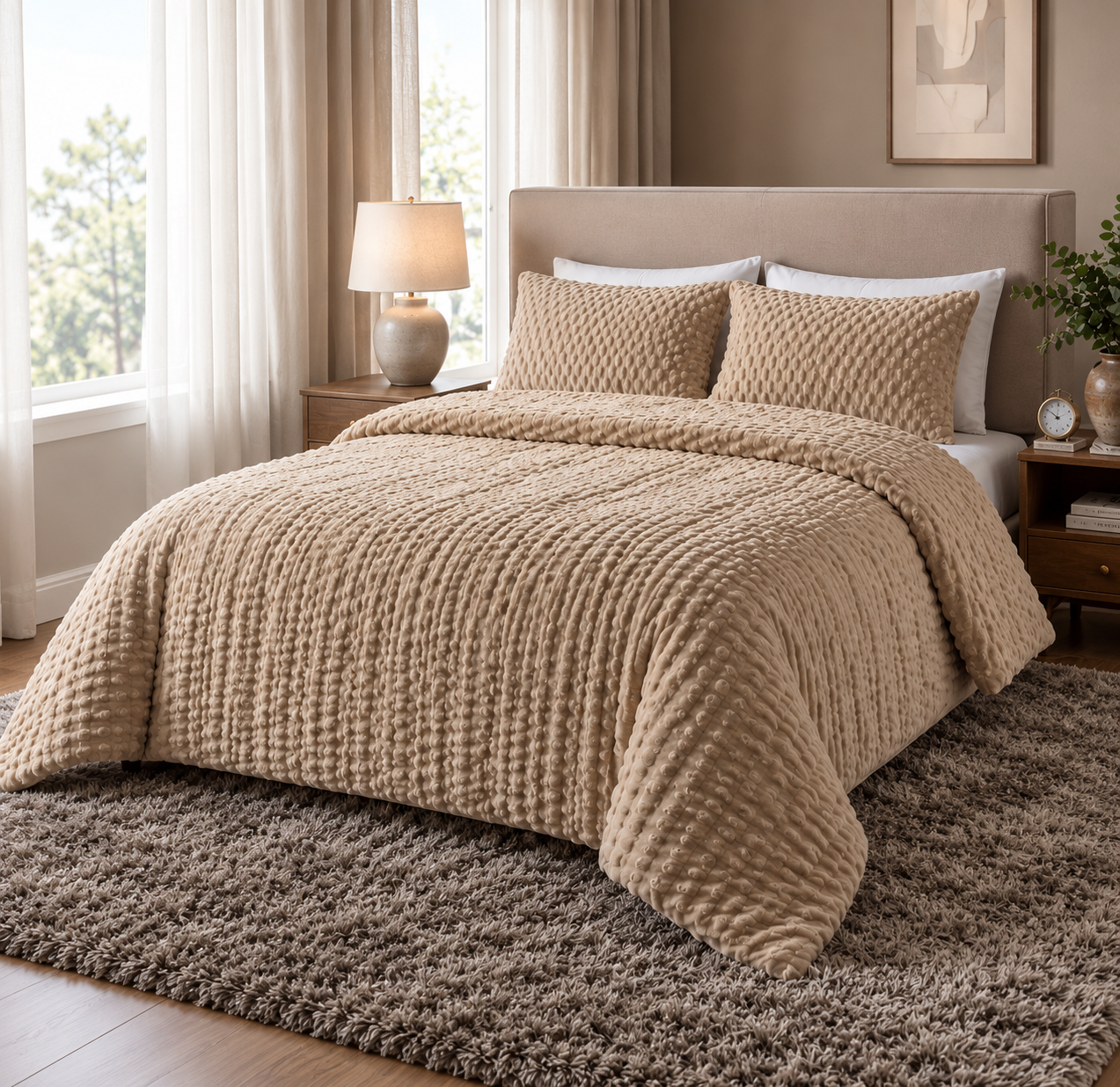 Al Abyad Siena taupe ribbed plush cotton coverlet