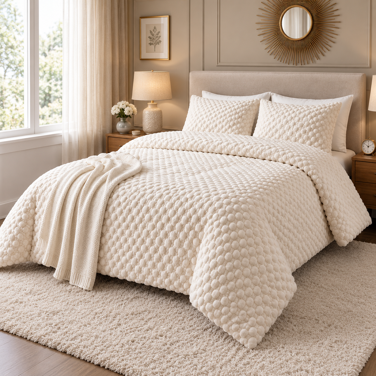 Al Abyad Celeste ivory bubble plush cotton coverlet