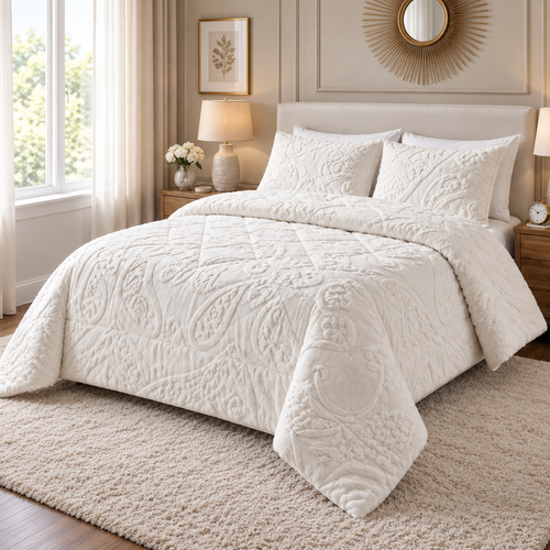 Al Abyad Aurelia ivory embossed floral cotton coverlet