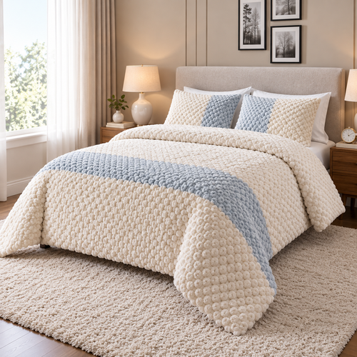 Al Abyad Elowen cream and pale blue striped bubble cotton coverlet