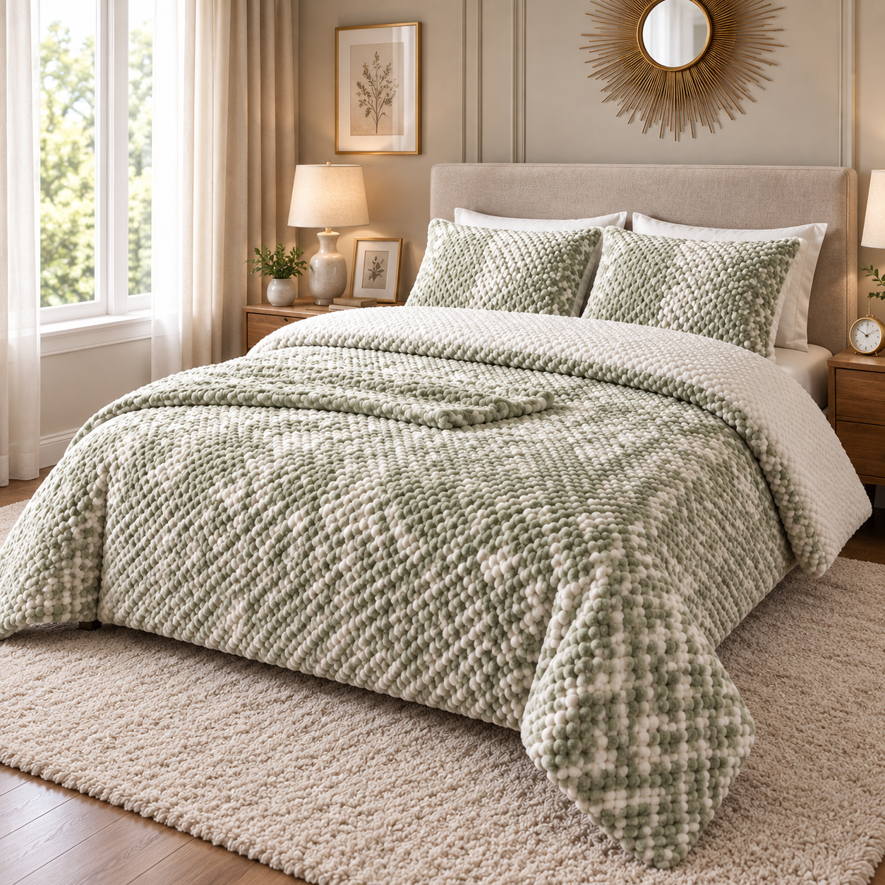 Al Abyad Sylvie sage green and ivory bubble cotton coverlet