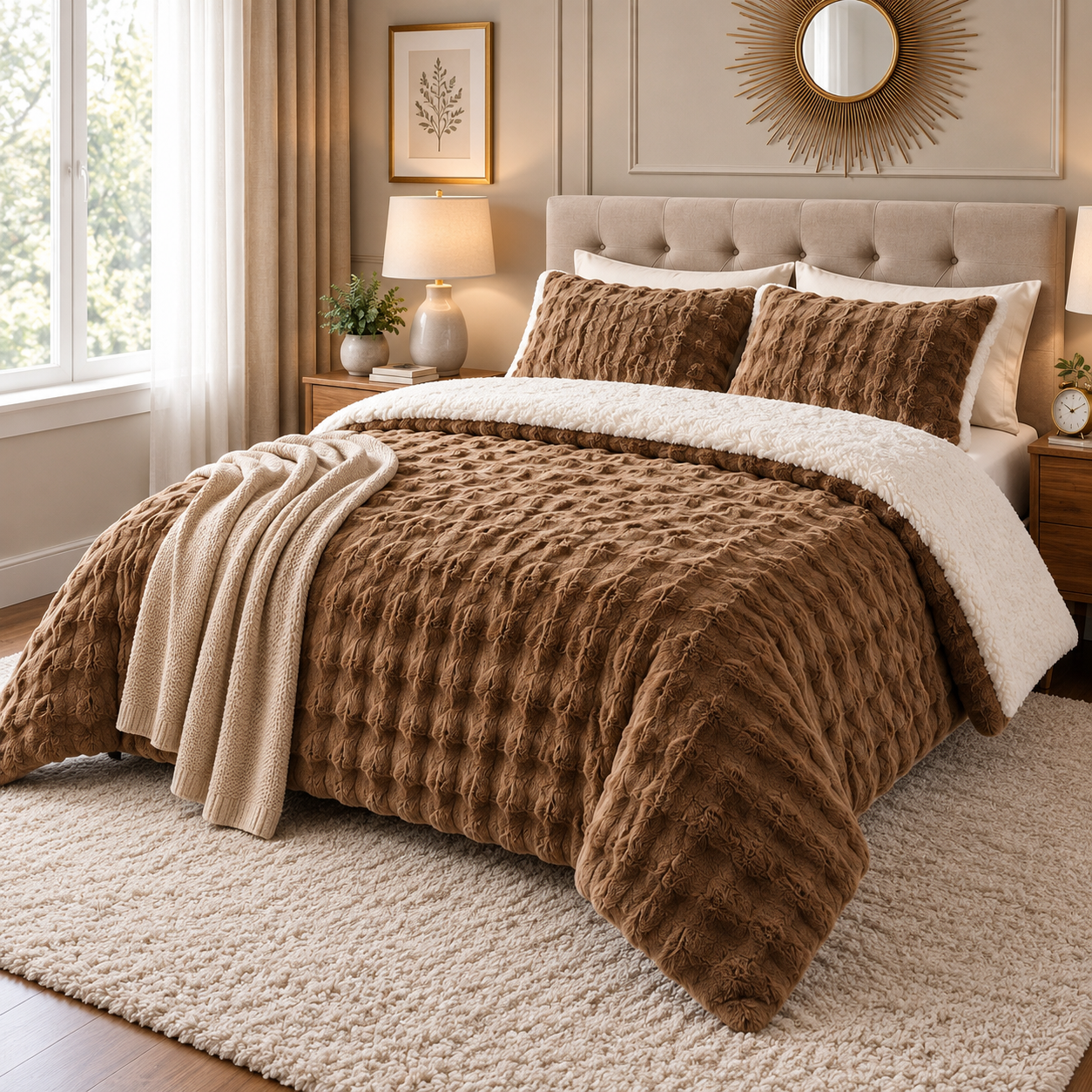 Al Abyad Sienna caramel brown ripple plush cotton coverlet