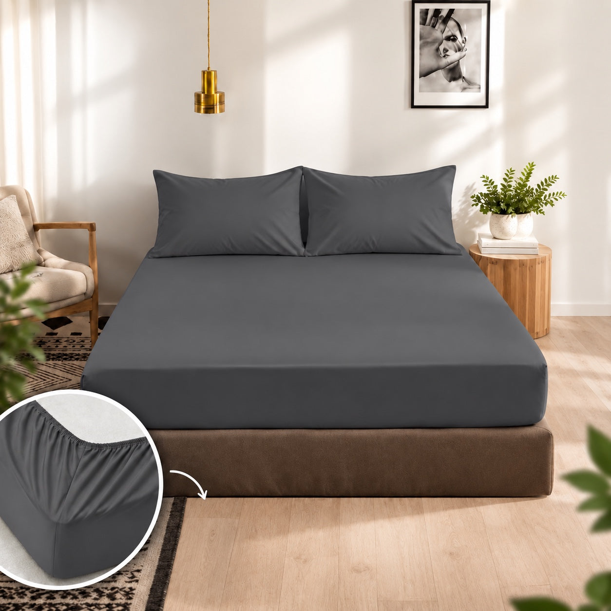 Premium 100% Cotton Fitted Bed Set - Charcoal Grey