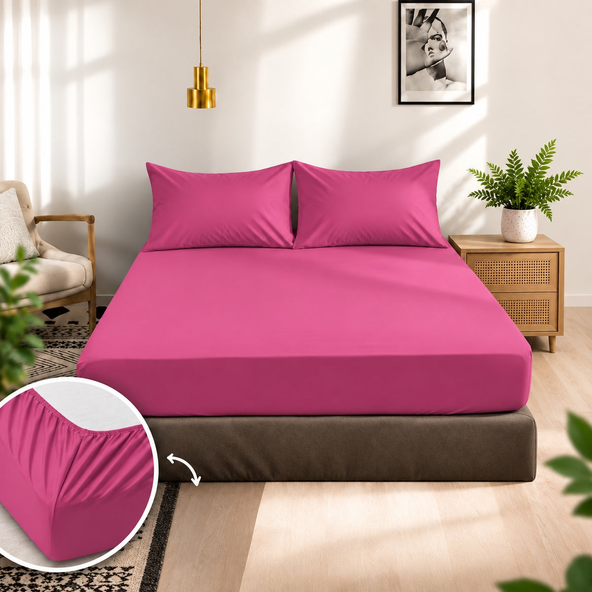 Premium 100% Cotton Fitted Bed Set - Fuchsia