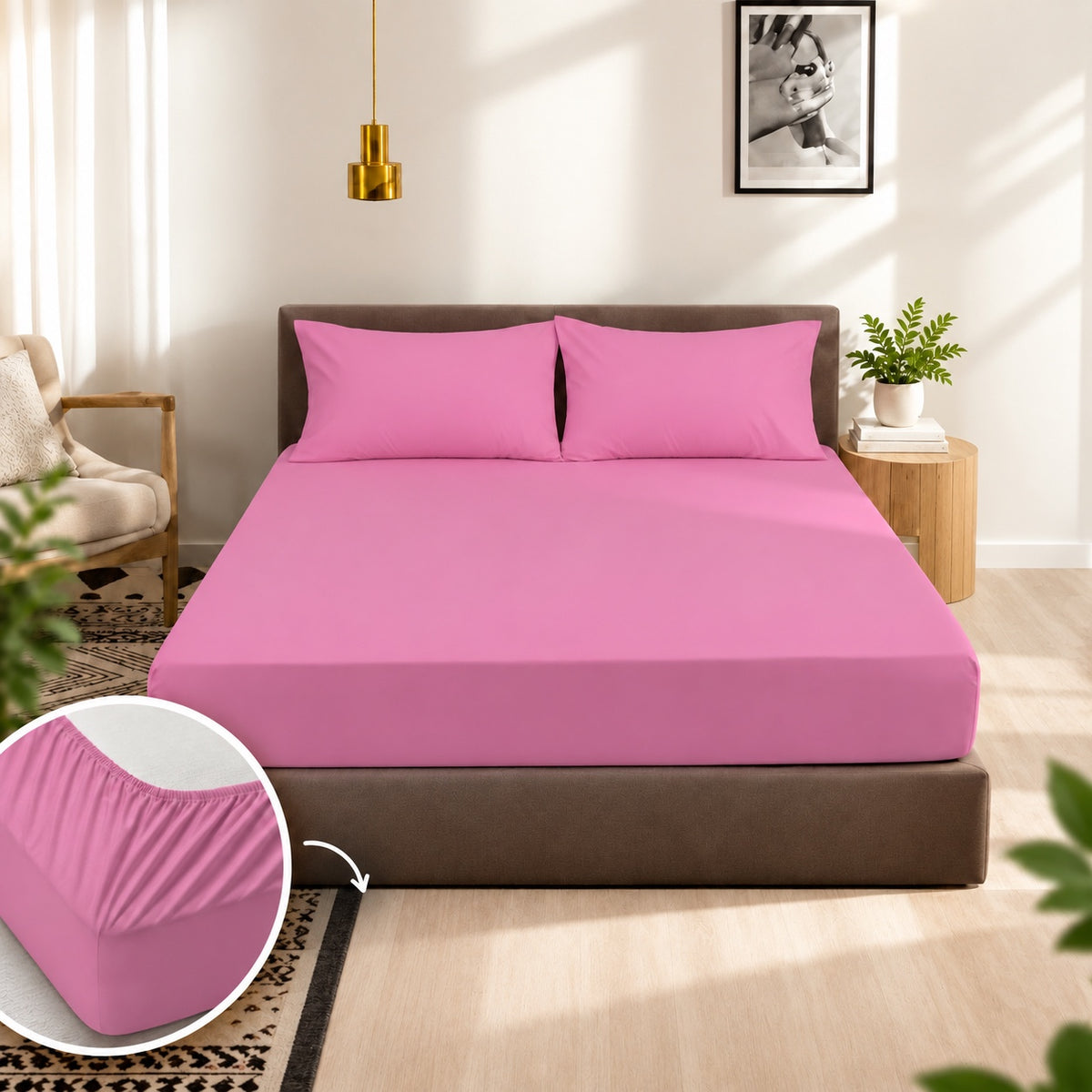 Premium 100% Cotton Fitted Bed Set - Rose Pink