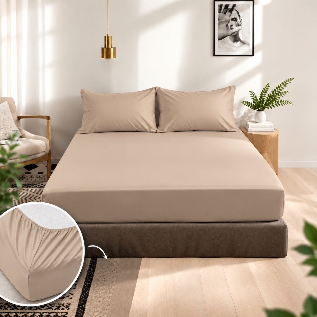 Premium 100% Cotton Fitted Bed Set - Sand Beige