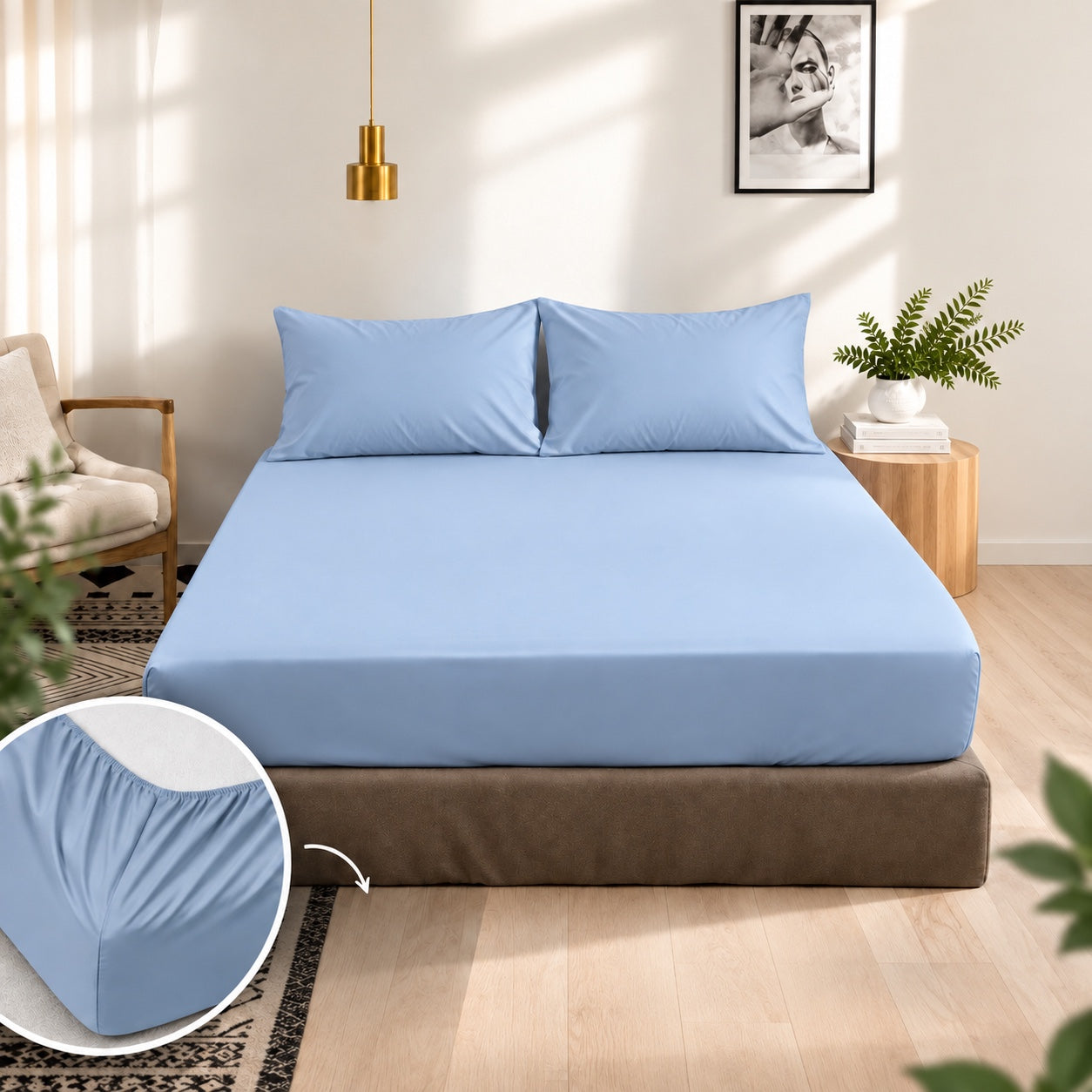 Premium 100% Cotton Fitted Bed Set - Sky Blue